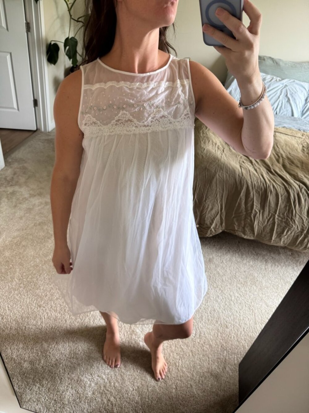Vintage Heiress White Embroidered Nightgown with Semi-Sheer Overlay Small